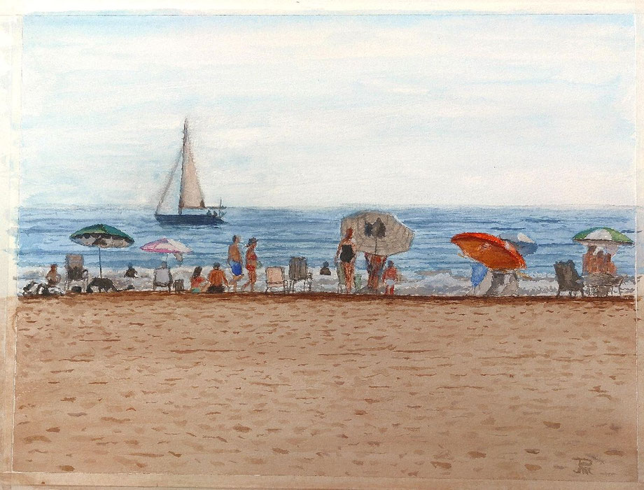 Acuarela que representa una escena veraniega en la playa de la Malvarrosa, con bañistas bajo sombrillas y un velero al fondo. Una imagen luminosa y serena, trabajada en estudio a partir de una fotografía tomada desde el paseo marítimo.