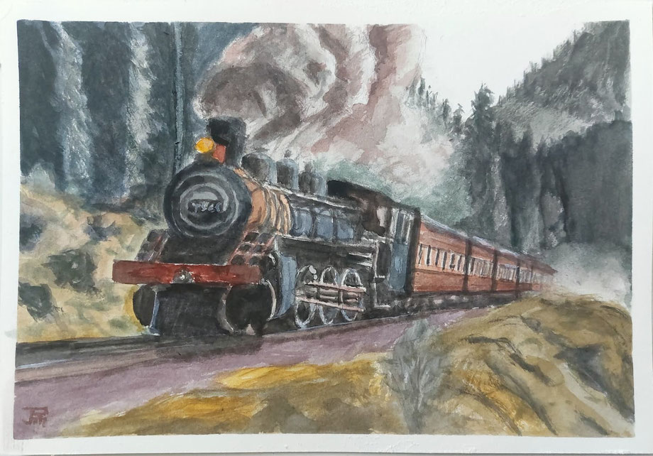 Locomotora de vapor avanzando entre árboles y rocas, con humo denso y vagones rojizos.