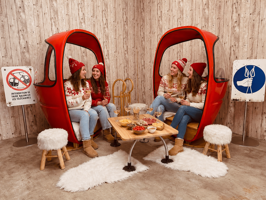 louer pack DUO fauteuils 2 places demi télécabine cabine oeuf ski pour animation photobooth Thème montagne hiver