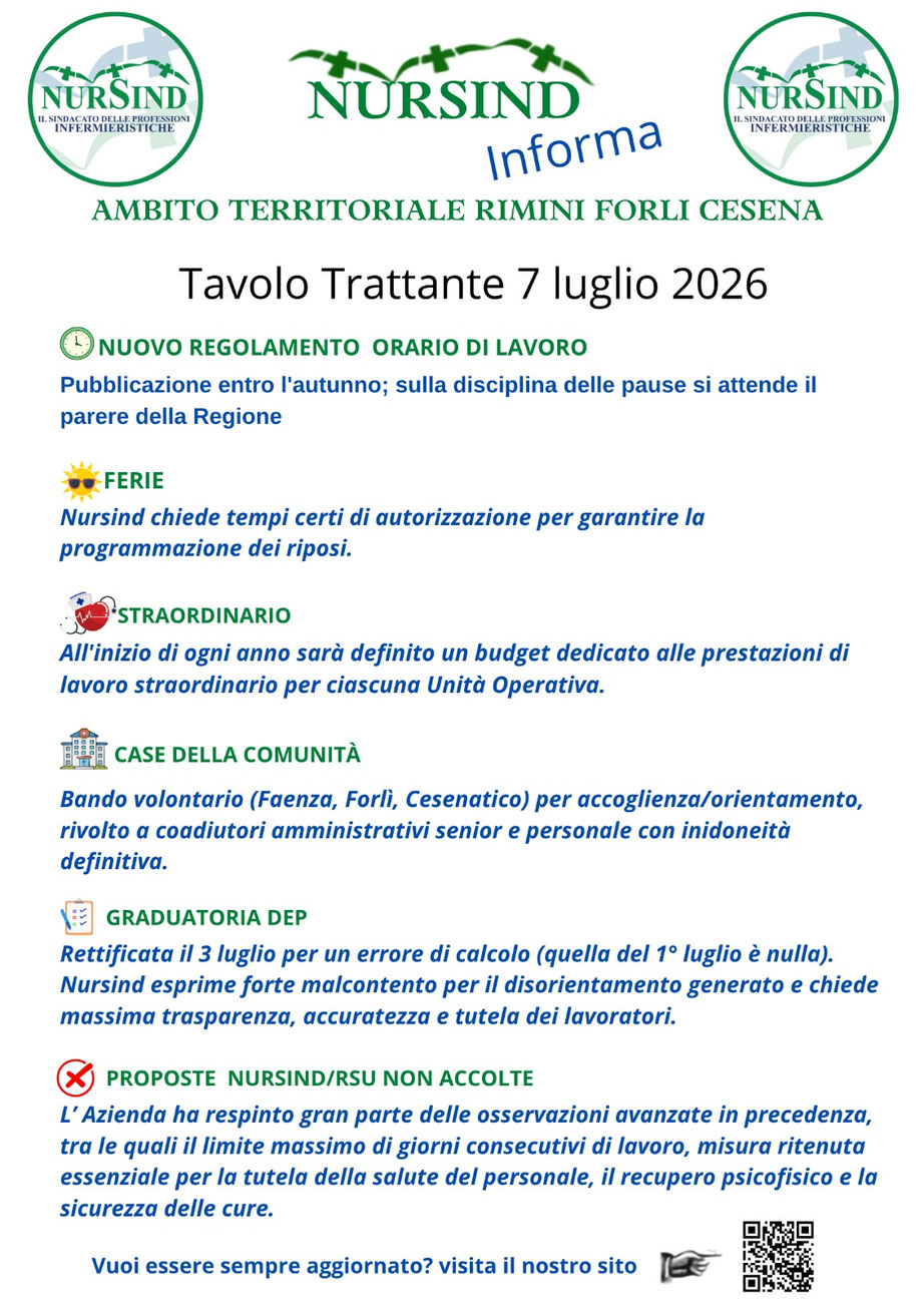 Nursind Romagna: trattante del 7 luglio 2026