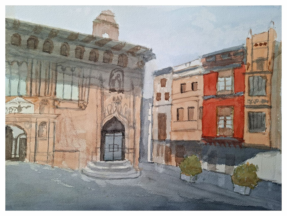 Vista urbana de la antigua Seu de Xàtiva, con su fachada gótica y edificios vecinos en tonos rojizos y ocres, pintada en directo durante una salida de acuarelistas valencianos.
