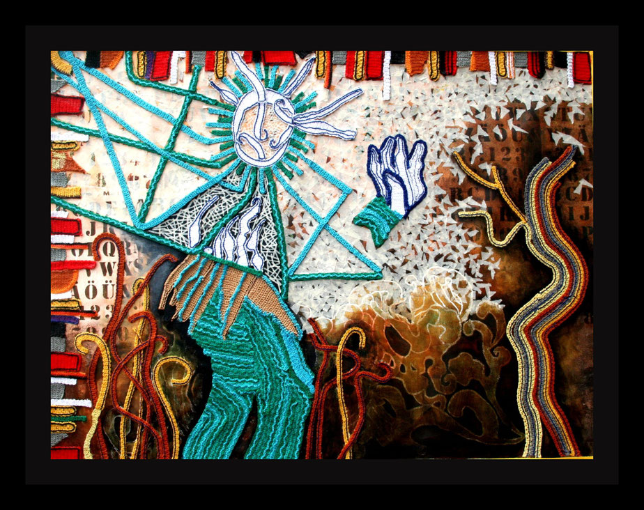 FLAGS 1. COLONIAL DETRITUS-Size: 44x33 ins.-Medium: thread, paper & acrylic on canvas