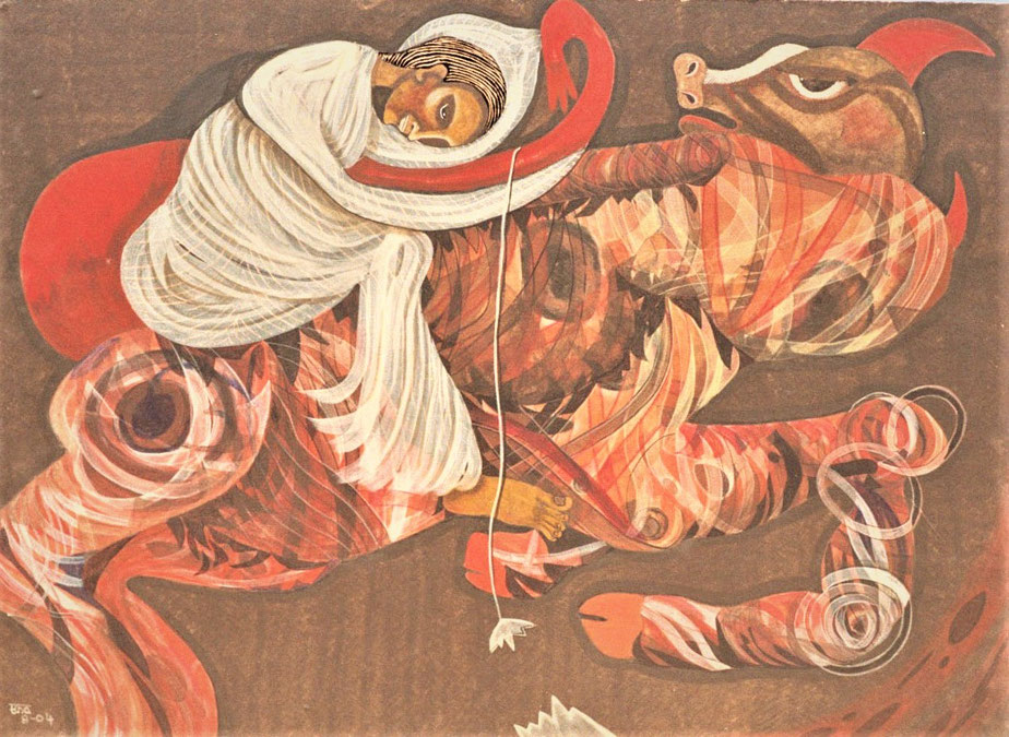 PRELIMINARY PAINTING FOR "TRAVELS ON A BRAHMANI BULL" - Size: 28x20 ins. - Medium: egg tempera  - # egg tempera