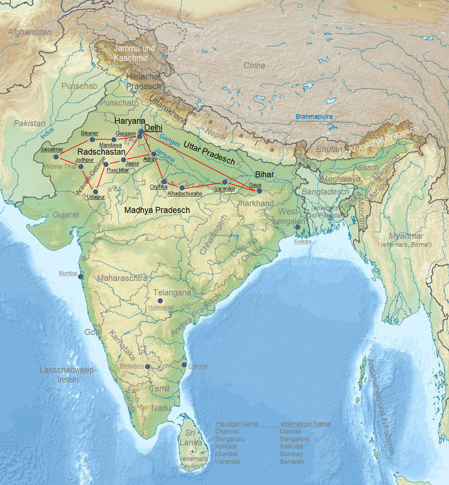 Karte von Indien mit den Reisestationen