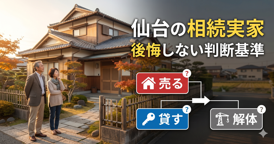 左側には、和風庭園を背に、日本の伝統的な日本家屋(実家)を眺めるシニア夫婦が立っている。右側には、記事のタイトルと選択肢のフローチャートがある。大きな日本語テキストで「仙台の相続実家 後悔しない判断基準」とある。その下には、フローチャートとして、小さな「?」マークが付いた3つの選択肢ボックスが並んでいる。赤いボックスには「売る」と書かれ、家と木のアイコンがある。青いボックスには「貸す」と書かれている。グレーのボックスには「解体」と書かれ、クレーンのアイコンがある。矢印が「売る」から「解体」の間に向かって伸
