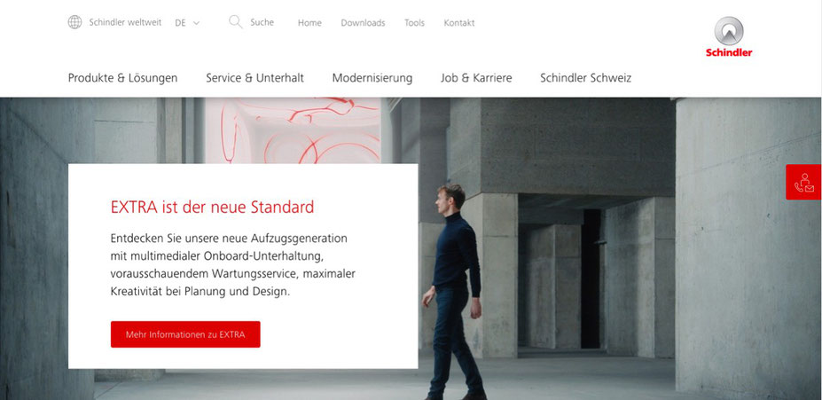 Startseite des neuen Webauftritts von Schindler Aufzüge AG
