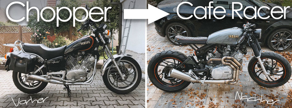 yamaha xv750 se 5g5 cafe racer basis projekt custom umbau rennen kult auspuff heckrahmen lenker sitzbank tank felgen stoßdämpfer motor