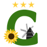 Logo des Gites des Camparros à Nailloux, avec le moulin rouge et des tournesols
