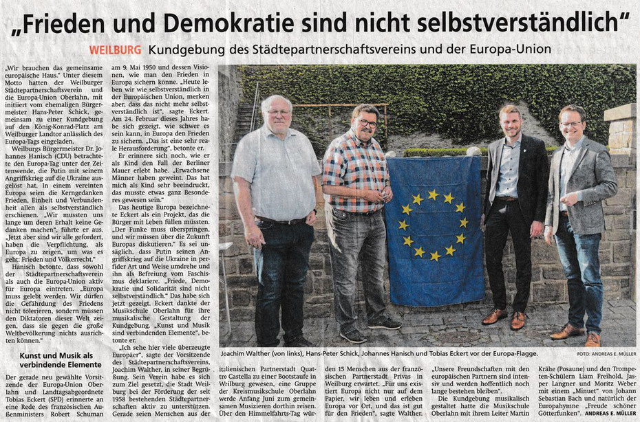 Quelle: Artikel Nassauische Neue Presse vom 11.05.2022 zum Europatag am 09.05.2022 in Weilburg