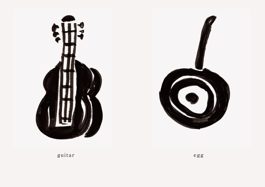 広島のイラストレーター、絵本作家であるミヤタタカシの黒のフェルトペンで描かれたモノクロームイラスト「guitar and egg」