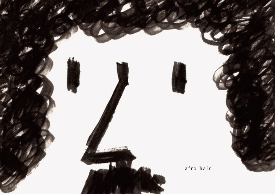 広島のイラストレーター、絵本作家であるミヤタタカシの黒のフェルトペンで描かれたモノクロームイラスト「aflo hair」