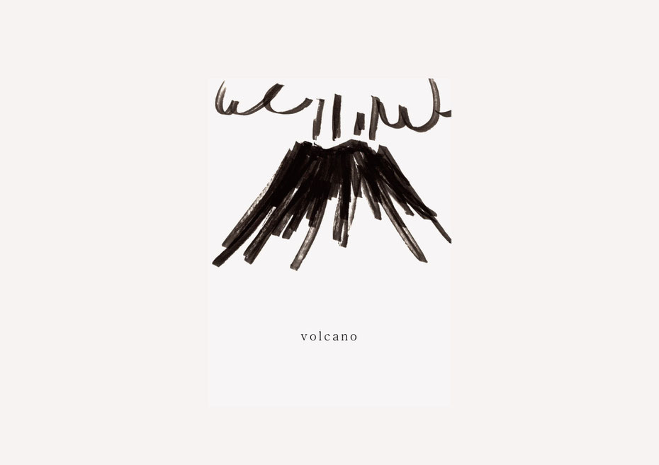 広島のイラストレーター、絵本作家であるミヤタタカシの黒のフェルトペンで描かれたモノクロームイラスト「volcano」
