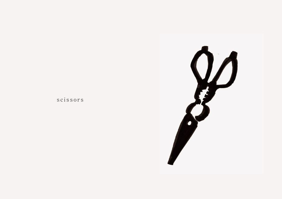 広島のイラストレーター、絵本作家であるミヤタタカシの黒のフェルトペンで描かれたモノクロームイラスト「scissors」