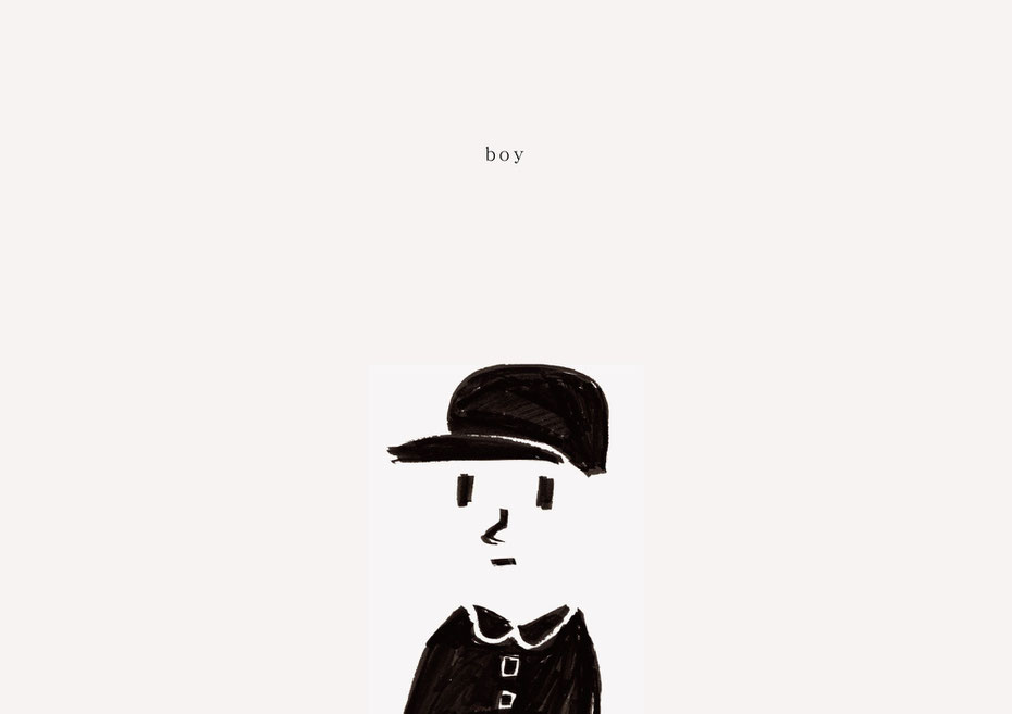 広島のイラストレーター、絵本作家であるミヤタタカシの黒のフェルトペンで描かれたモノクロームイラスト「boy」