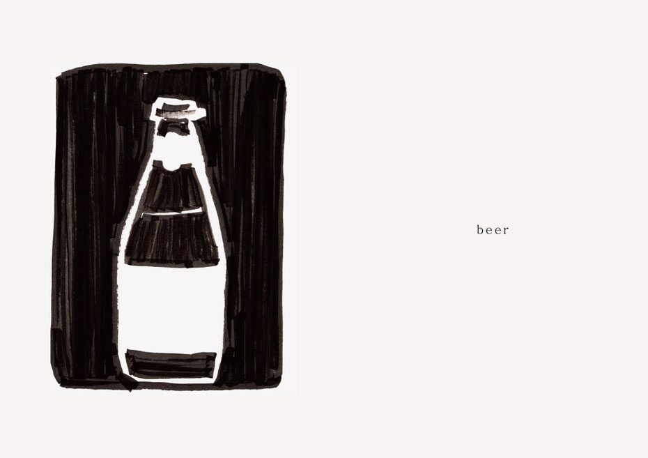 広島のイラストレーター、絵本作家であるミヤタタカシの黒のフェルトペンで描かれたモノクロームイラスト「beer」