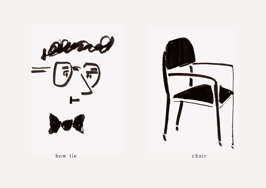 広島のイラストレーター、絵本作家であるミヤタタカシの黒のフェルトペンで描かれたモノクロームイラスト「bow tie and chair」