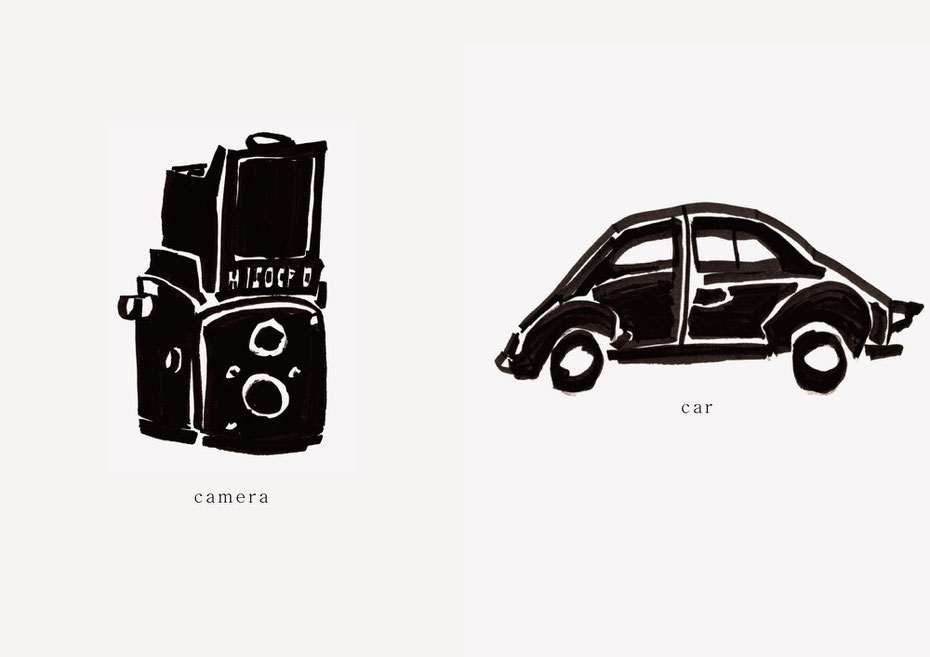広島のイラストレーター、絵本作家であるミヤタタカシの黒のフェルトペンで描かれたモノクロームイラスト「camera and car」