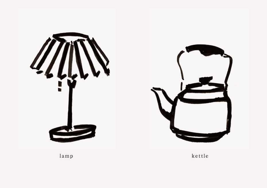 広島のイラストレーター、絵本作家であるミヤタタカシの黒のフェルトペンで描かれたモノクロームイラスト「lamp and kettle」