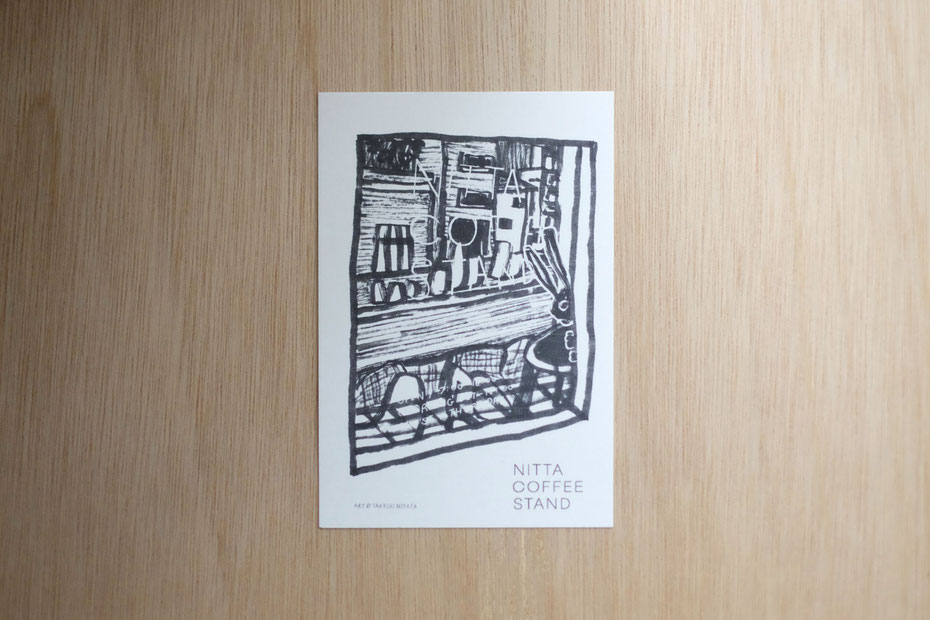ミヤタタカシが描いたMOUNT COFFEE 周年記念のためのポストカー作品。作MOUNT COFFEE の関連店、NITTA COFFEE STAND の外観。