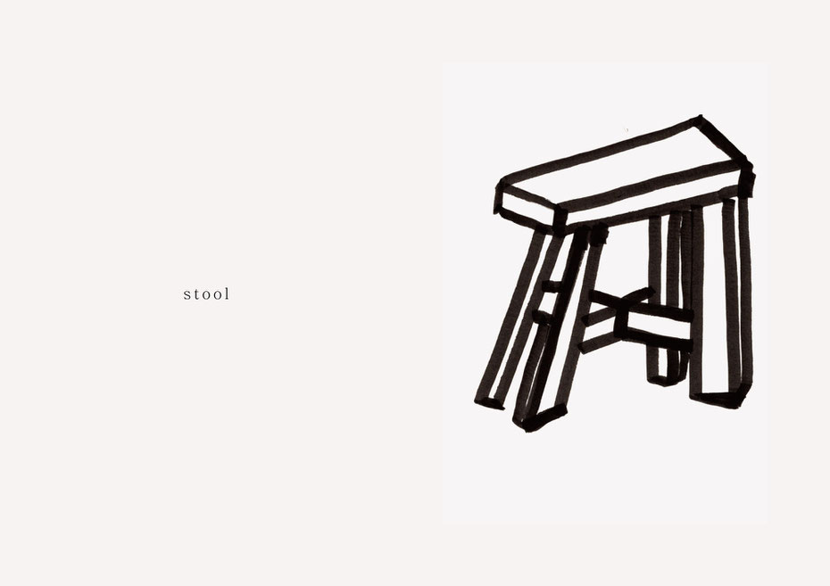 広島のイラストレーター、絵本作家であるミヤタタカシの黒のフェルトペンで描かれたモノクロームイラスト「stool」