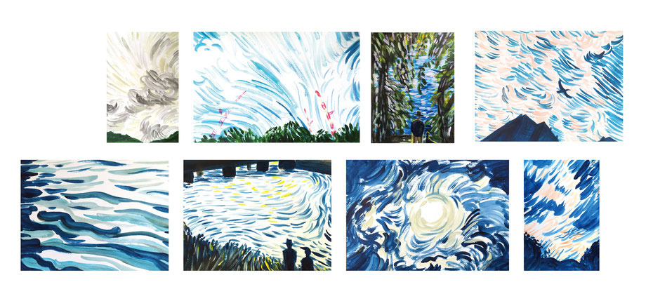広島のアーティスト、絵本作家であるミヤタタカシ (Takashi Miyata) が描いた水や雲のドローイング