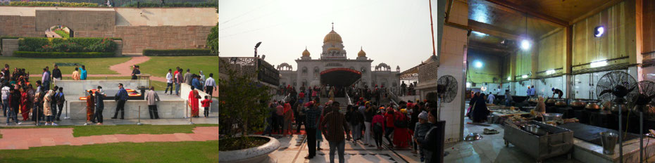 Delhi: Gandhi-Mausoleum, Sikh-Tempel außen, Sikh-Tempel-Küche für kostenlosen Mahlzeiten
