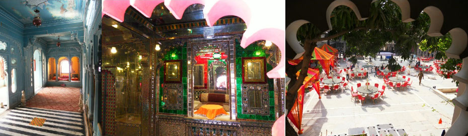 Udaipur: Blauer Raum mit Schachspiel (vorne), Spiegelsaal, Hochzeitsvorbereitungen