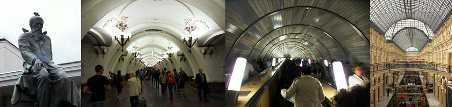 Moskau - Dostojewski-Denkmal, Metrostation und -aufgang, GUM-Kaufhaus