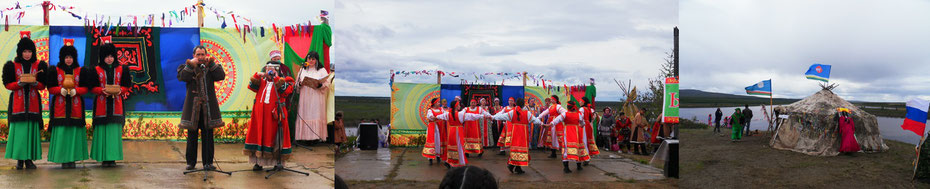 Traditionelle Gaben und Maultrommelspieler | Sommertanz | Tschuktschenzelt mit jakutischer und tschuktschischer Flagge