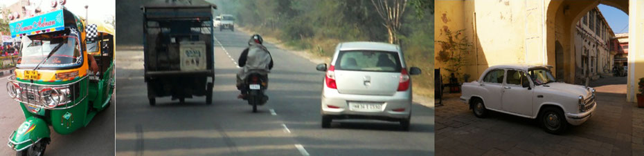 Indischer Verkehr Teil III: prächtiges Tuk-Tuk, Geschwindigkeitsangaben v. l.: 10 km/h, 30 km/h, 50 km/h; Rolls Royce – Vorlage für den indischen Peugeot 206