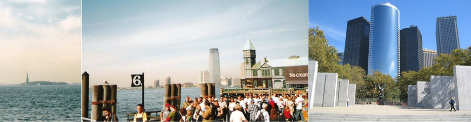 Freiheitsstatue auf Liberty Island*, Pier am Battery Park, 2.-Weltkriegsdenkmal an Manhattans Bug mit Segelturm*