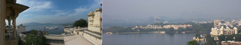 Udaipur: Blick vom Stadtpalast mit Seehotel Taj Lake Palace, Pichola-See mit Monsuntempel