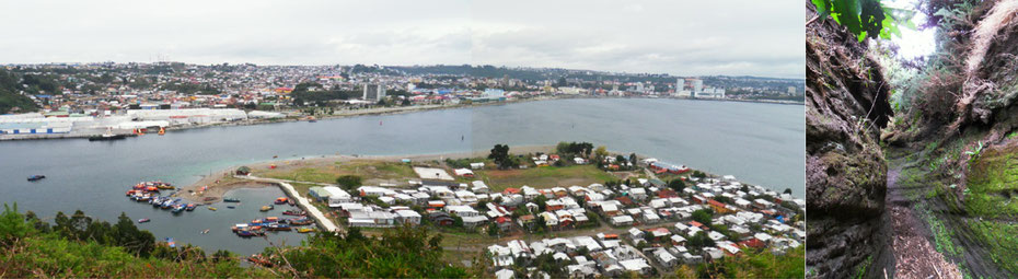 Puerto Montt (Hafenviertel Angelmo) und Isla Tenglo im Vordergrund | Mini-Schlucht auf Tenglo