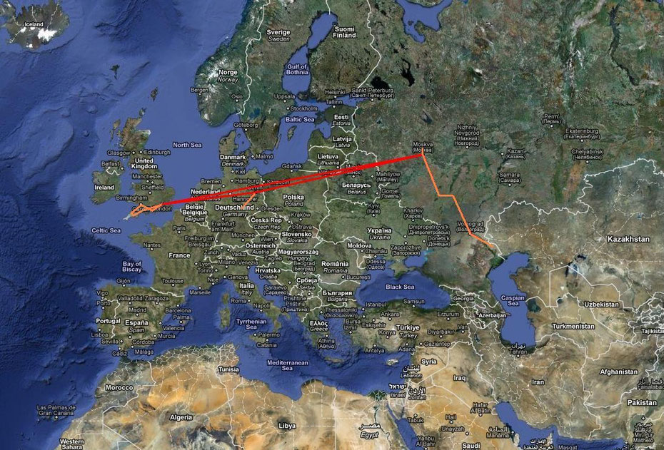 Karte der Reisen in Westrussland und England (orange)