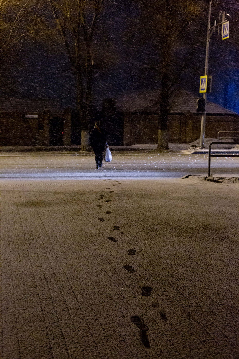 My daily zebra crossing in an april snow storm, Samara, Russia