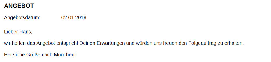 Ausschnitt des Angebot-PDF-Formulars. Dort wird die Systemvariable ersetzt mit den Inahlten aus der Stammsatzmaske.
