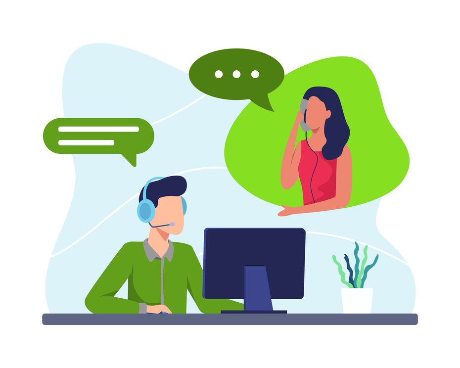 Cartoon-Nachstellung eines Kundengesprächs: Mann mit Headset am PC spricht mit einer Frau am Telefon. 