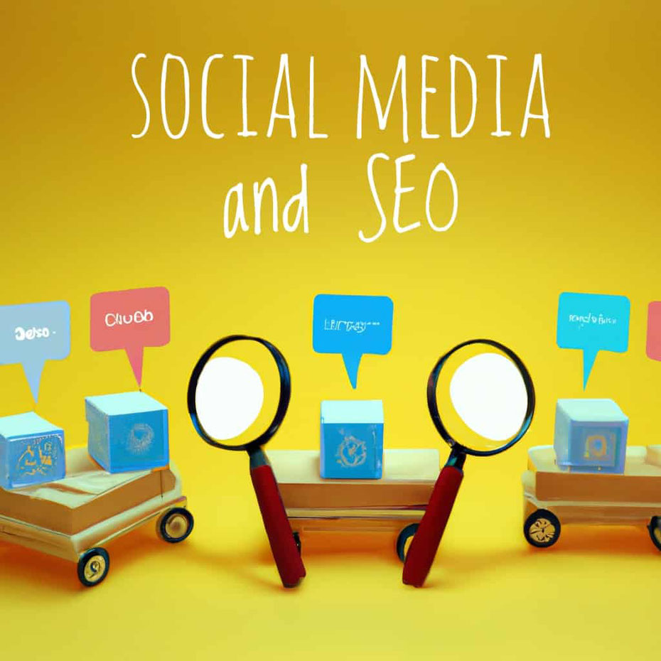 Picture showing different social media and SEO related graphics for article "The role of social media in small business SEO"