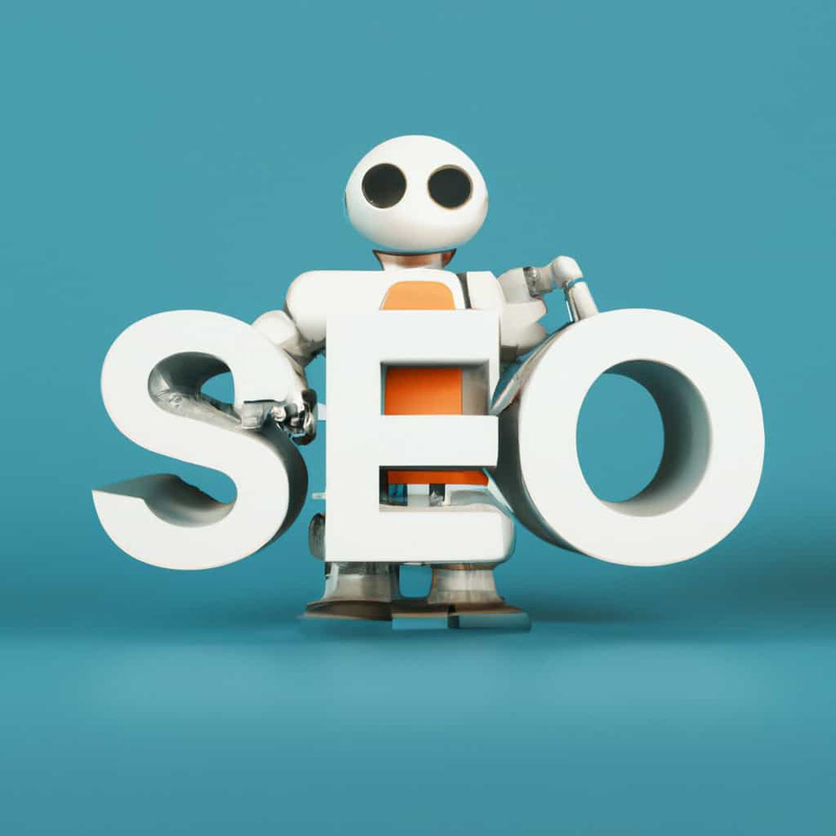Picture showing a robot carrying SEO letters. Article about how AI can help with SEO.