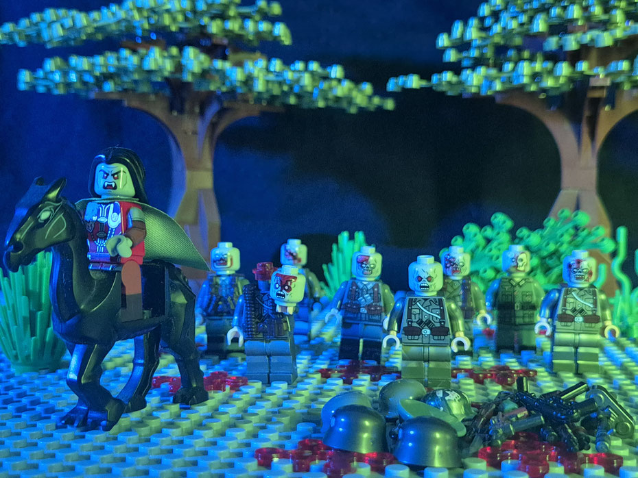 Diorama LEGO® forêt maudite – affrontement nocturne soldats contre créatures