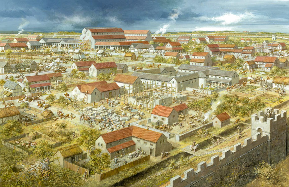 Ratae Corieltavorum (Leicester), the Roman capital of the East Midlands. Image of 3rd-century Leicester from the Story of Leicester website.