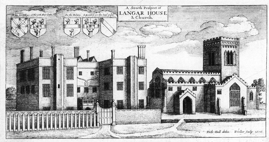 Langar Hall and church in 1676 in the time of Charles II