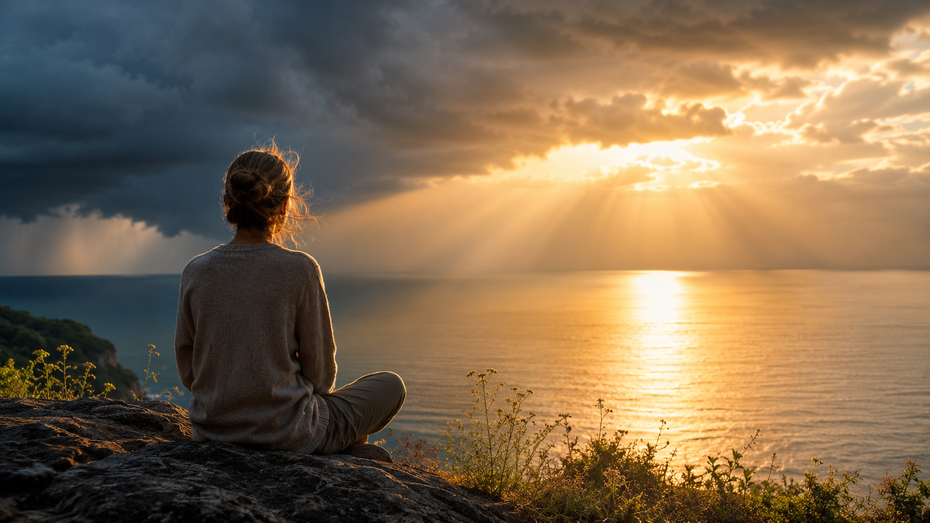 Eine Frau sitzt am See, die dunklen Wolken ziehen wieder weiter und der Himmel bricht auf als Symbol für den inneren Sturm und die Rückverbindung mit dem eigenen Leuchten.
