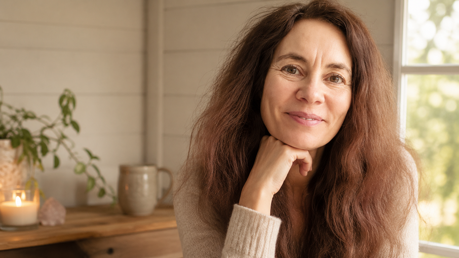 Porträt von Andrea Hein in warmer, ruhiger Atmosphäre am Fenster – ein stiller Moment voller Tiefe, Nähe und innerer Ruhe.
