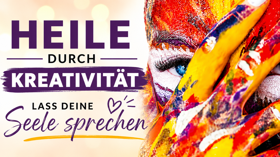Frau mit farbenbemaltem Gesicht und Händen als Symbol für kreativen Ausdruck und Selbstheilung. Podcastfolge über Kreativität, innere Heilung, persönliche Entwicklung und die Verbindung zur Seele.