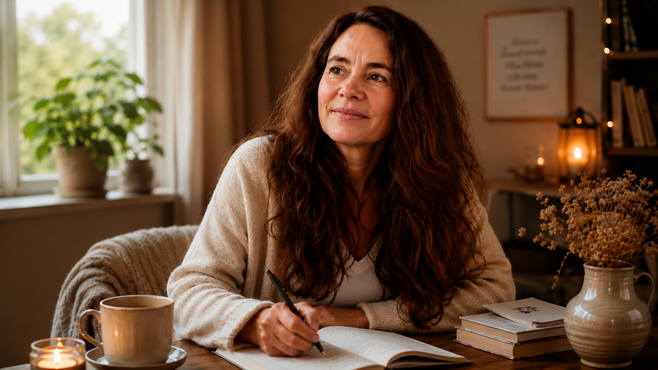 Andrea Hein beim Schreiben persönlicher Gedanken und Erkenntnisse über das Leben, die Seele und das Menschsein.