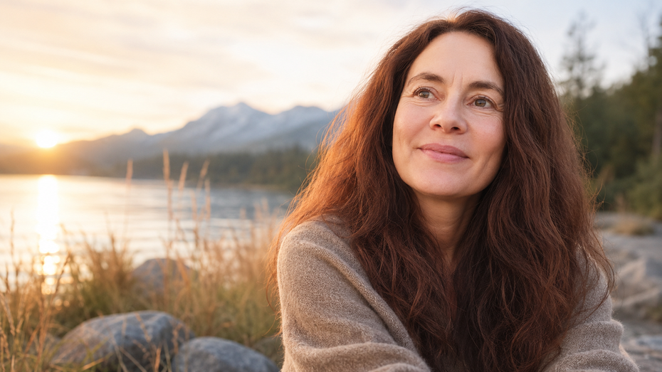 Andrea Hein blickt nachdenklich auf einen ruhigen Bergsee in der Abendsonne. Das Bild steht sinnbildlich für innere Stärke, Selbstfindung und die Reise zur eigenen Größe.