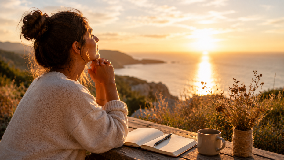 Frau sitzt mit einem offenen Notizbuch im warmen Sonnenlicht und blickt auf das Meer – Symbol für Selbstreflexion, innere Heilung, seelische Gesundheit, Achtsamkeit und den Weg zu einem glücklichen Leben.