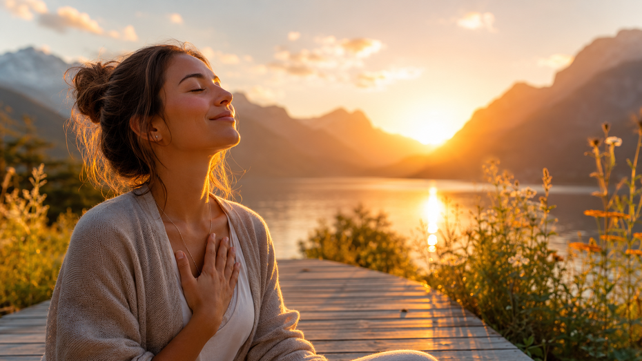 Frau mit geschlossenen Augen und der Hand auf dem Herzen im warmen Sonnenlicht vor einem Bergsee – Symbol für innere Heilung, Selbstfürsorge, seelische Gesundheit und den Weg zu mehr Glück und innerem Frieden.