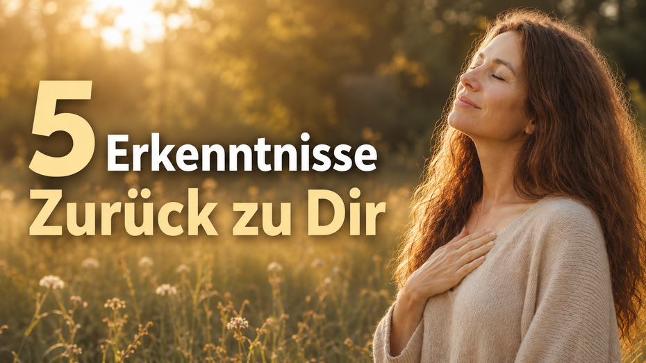 Frau steht im warmen Sonnenlicht mit geschlossenen Augen und Hand auf dem Herzen, Text im Bild: 5 Erkenntnisse zurück zu Dir